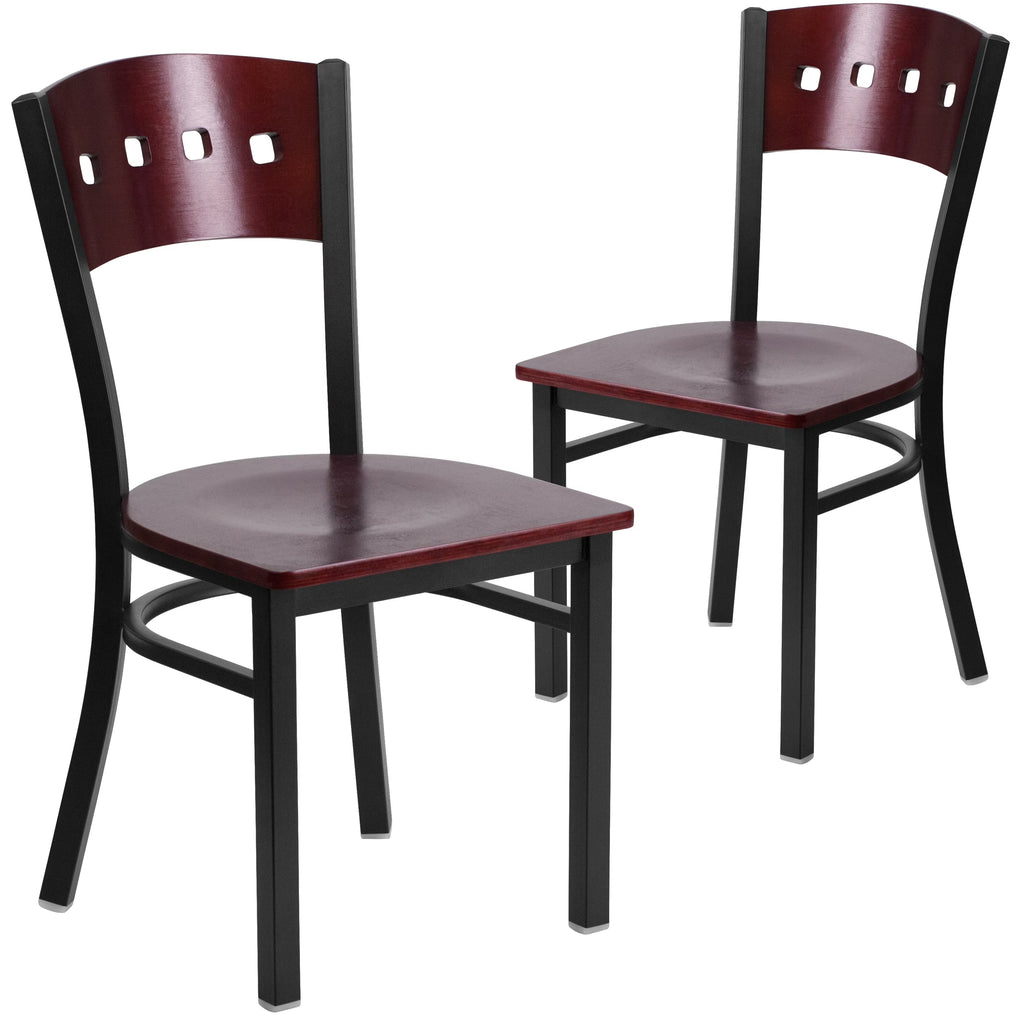 2 Pk Black Metal Restaurant Chair with Mahogany Wood Back & Seat Q739699