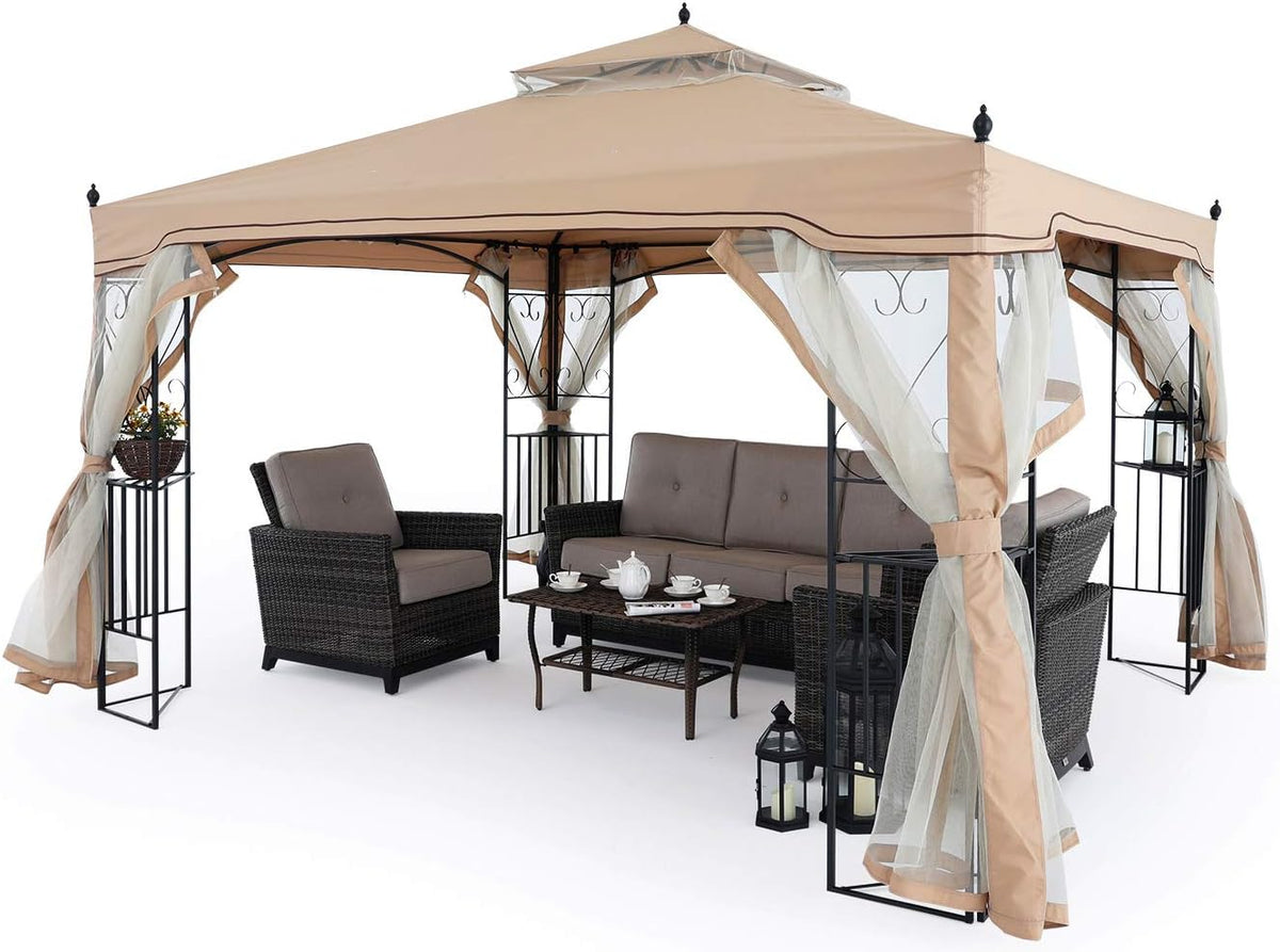 11x13 Patio Gazebo with Netting Screen Walls Beige M995