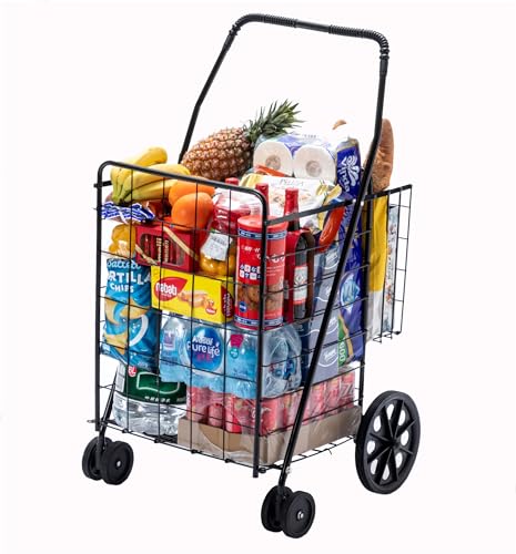 Silver Jumbo Folding Shopping Cart with Double Basket and 360-Degree Wheels S778