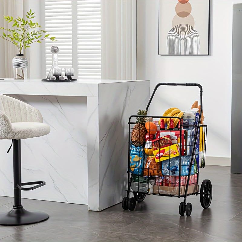 Silver Jumbo Folding Shopping Cart with Double Basket and 360-Degree Wheels S778