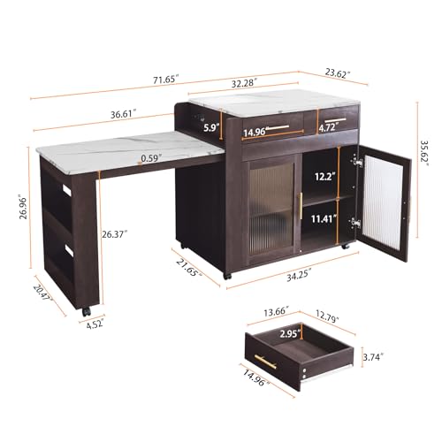 Extendable Kitchen Island on Wheels with Power Outlet and Storage Cabinet and Drawers U186