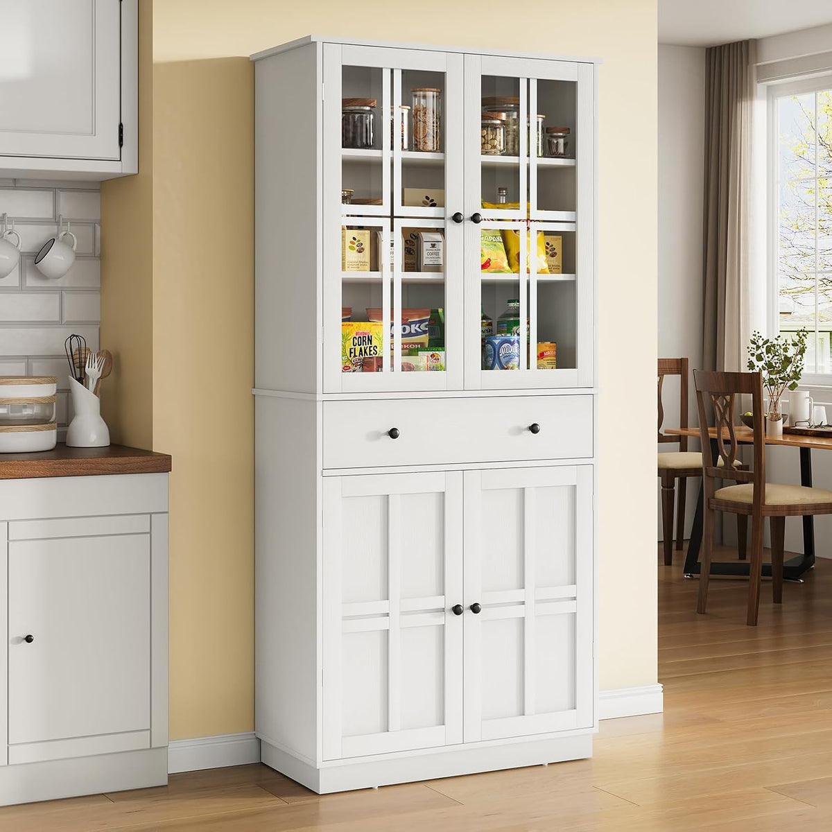 White Tall Pantry Cabinet with Glass Doors and 3 Adjustable Shelves W485
