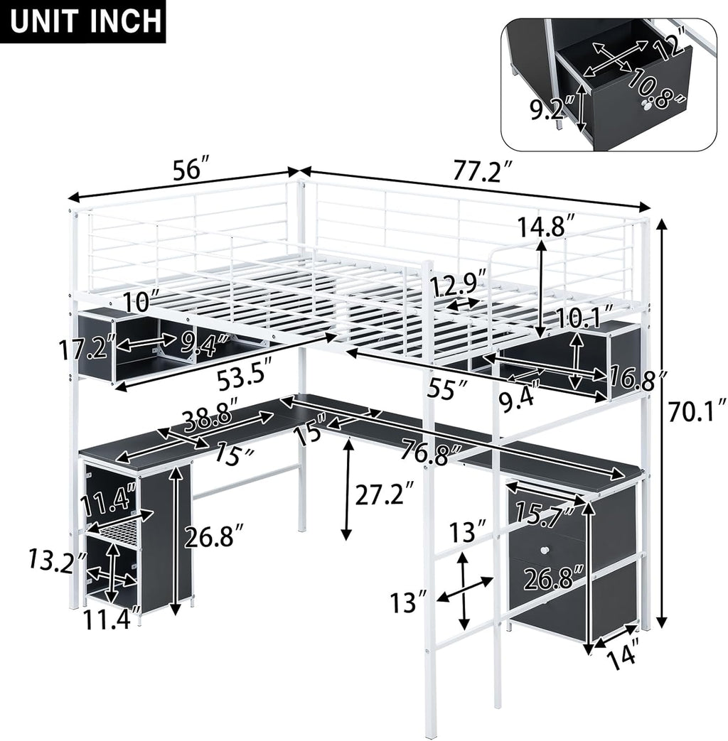 Full Size Metal Loft Bed with Bookcase and Desk E54133
