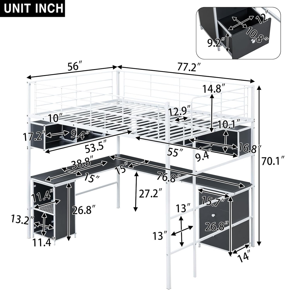 Full Size Metal Loft Bed with Bookcase and Desk E54133