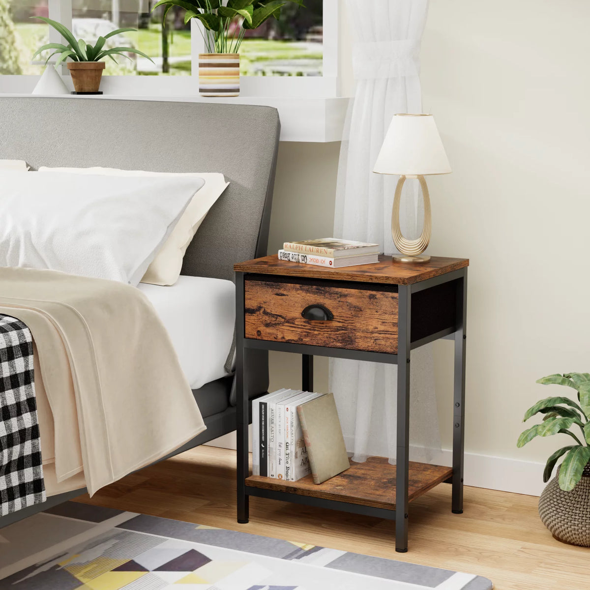 Set of 2 Nightstands with Fabric Drawer and Storage Shelf N30162