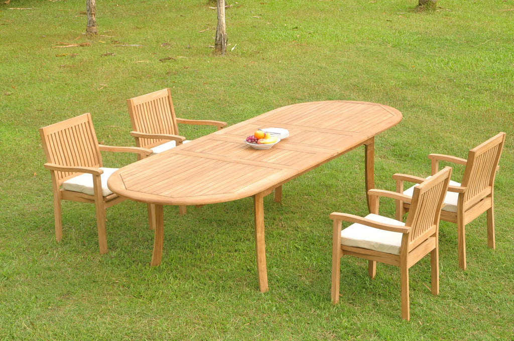 Grade-A Teak 5 Pc Dining Set with 118" Double Extension Oval Table and 4 Stacking Arm Chairs O961