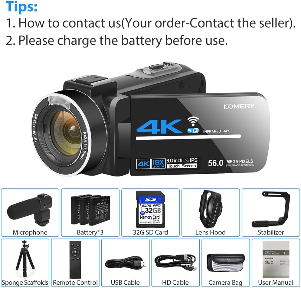 4K 56MP UHD Video Camera Camcorder with 32G SD Card IR Night Vision 18X Digital Zoom WiFi U184298