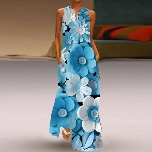 Boho Floral Print Crew Neck Sleeveless Swing Sundresses with Pockets H87078
