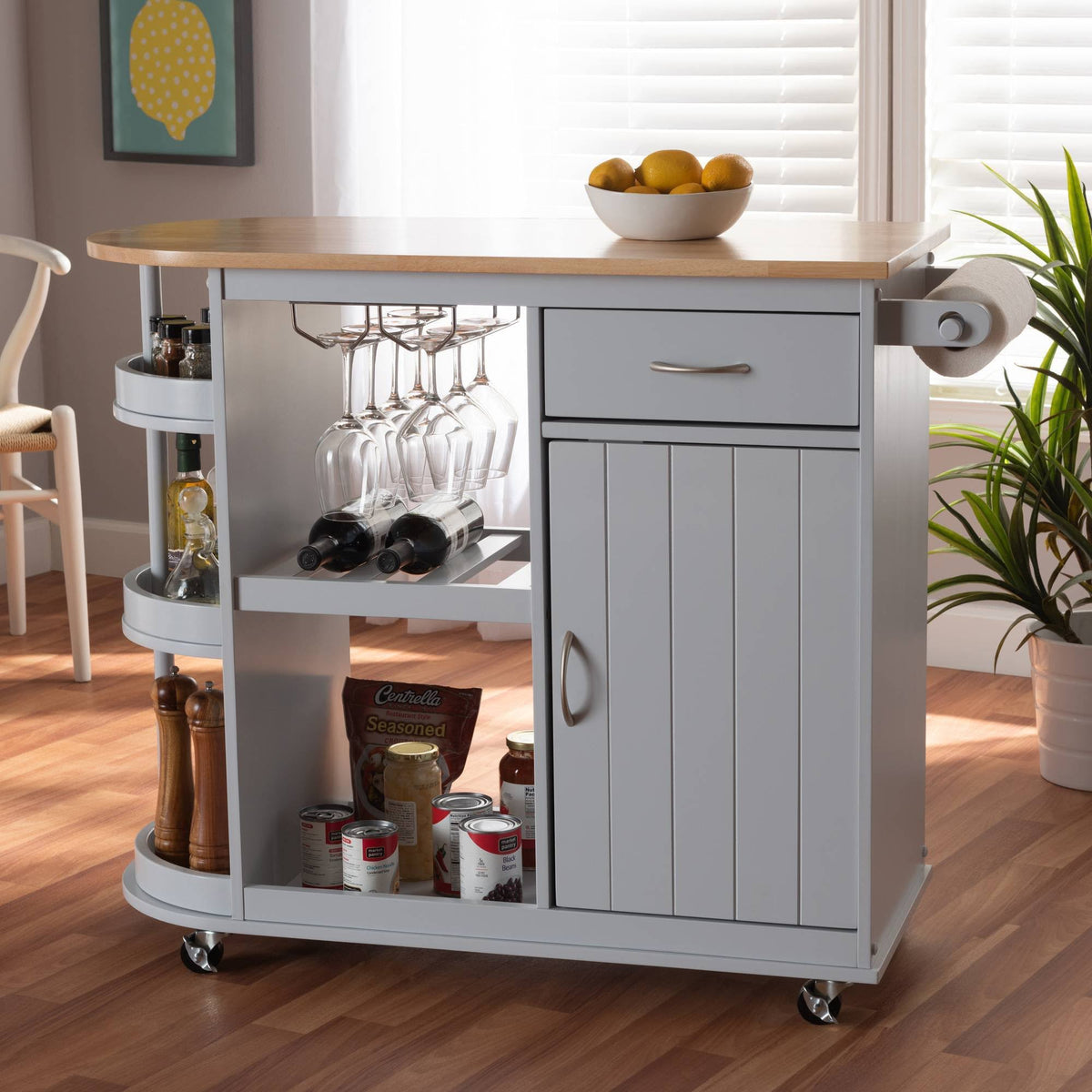 Light Grey Natural Wood Kitchen Storage Cart A945152