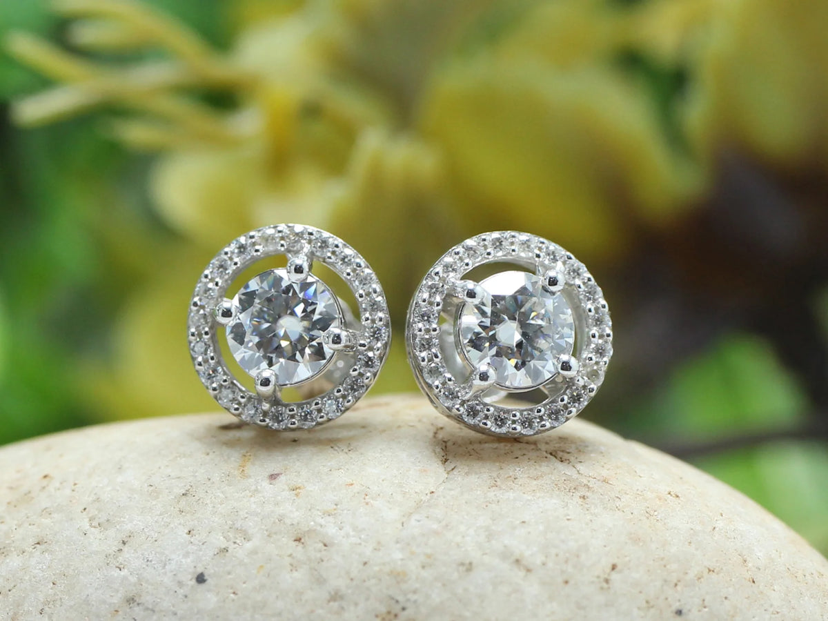 Moissanite Stud Earrings 1.20CT 5MM Lab Created Diamond 18K White Gold Over Sterling Silver D Color VVS1 Clarity Halo Studs E927