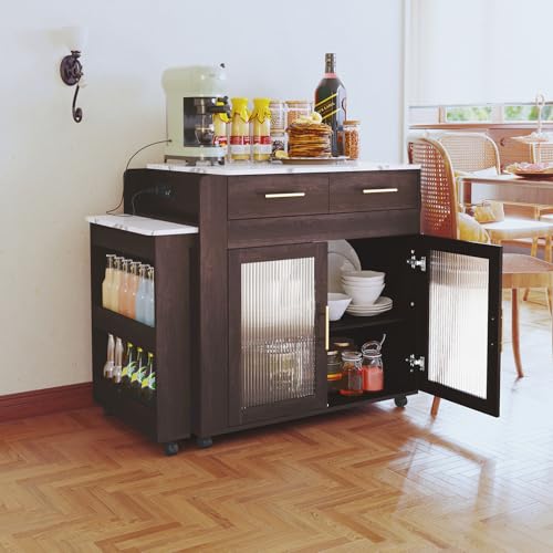 Extendable Kitchen Island on Wheels with Power Outlet and Storage Cabinet and Drawers U186