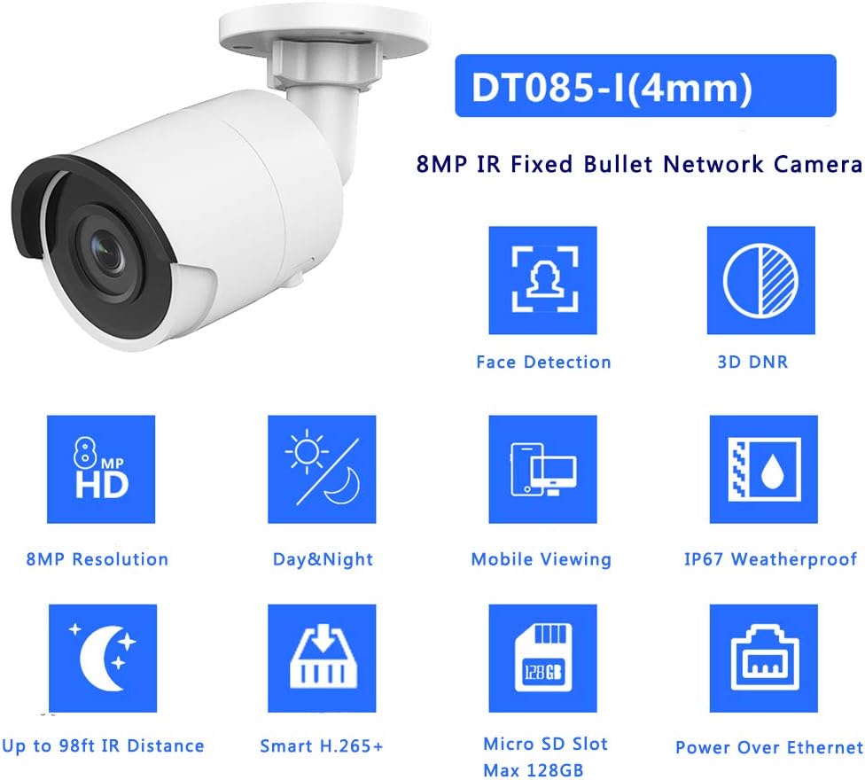 8MP 4K Bullet PoE IP Camera Outdoor 4mm 3840×2160 98ft Night Vision IP67 SD Card Slot K88434