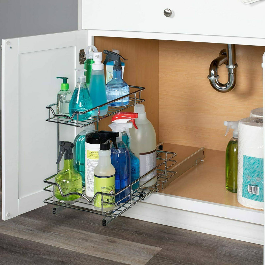Silver Two Tier Sliding Under Cabinet Organizer A916