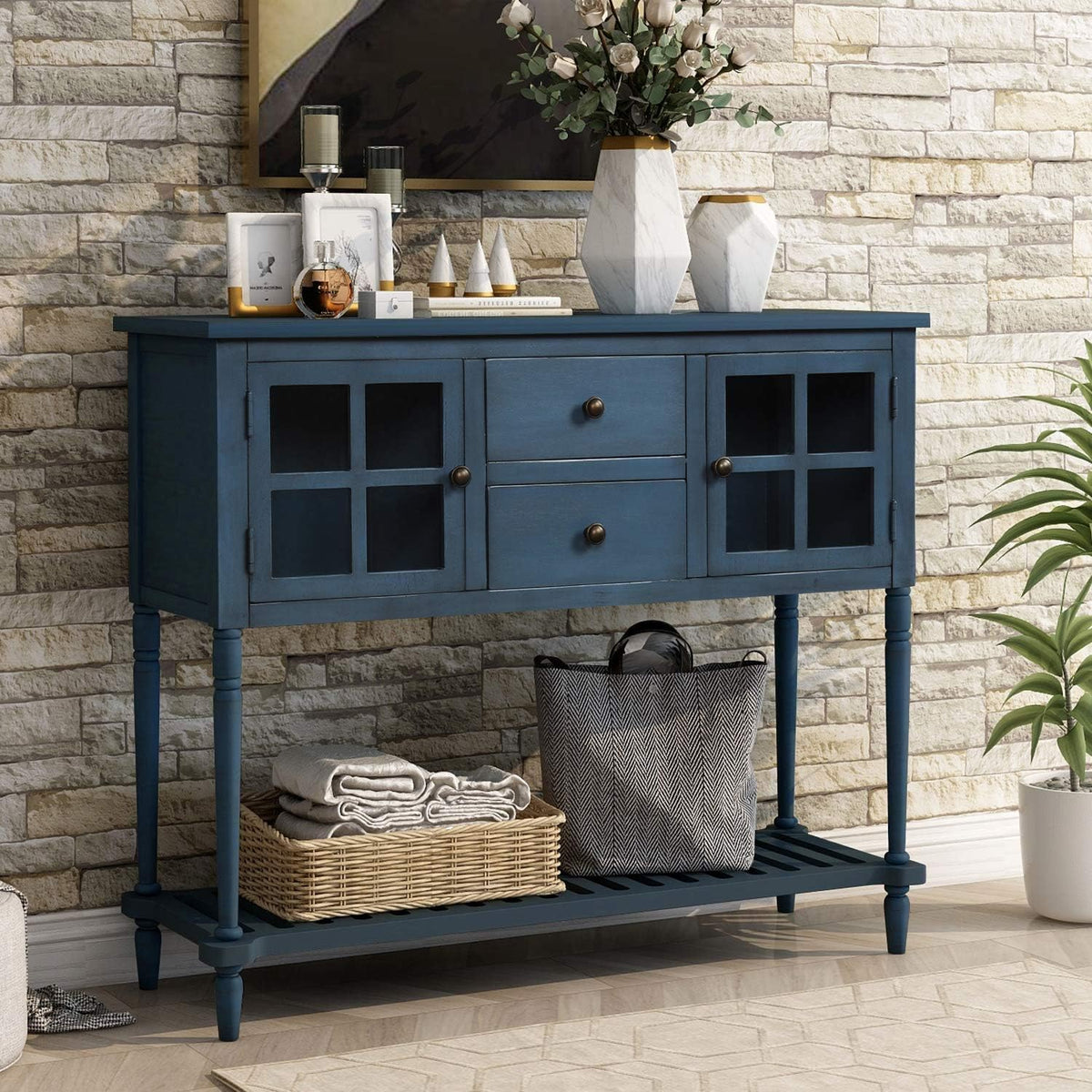 Antique Blue Sofa Table with Two Drawers and Two Cabinets W361