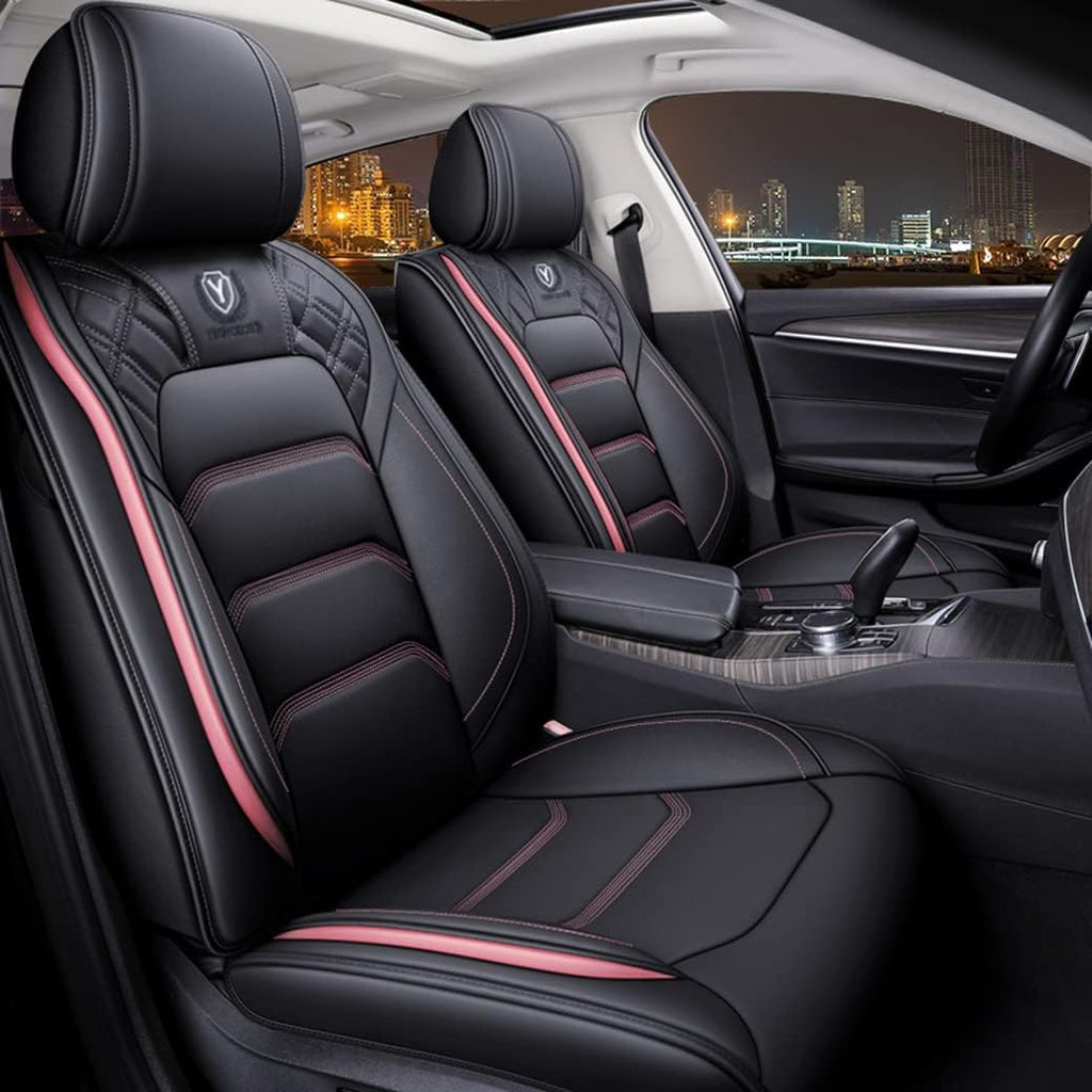Leather Car Seat Covers 5 Seats Full Set Black Pink Y8481