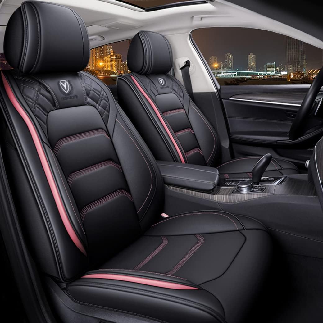 Leather Car Seat Covers 5 Seats Full Set Black Pink Y8481