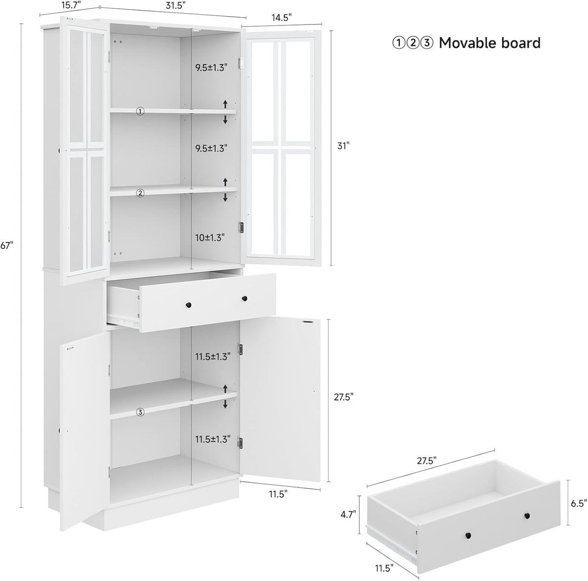 White Tall Pantry Cabinet with Glass Doors and 3 Adjustable Shelves W485