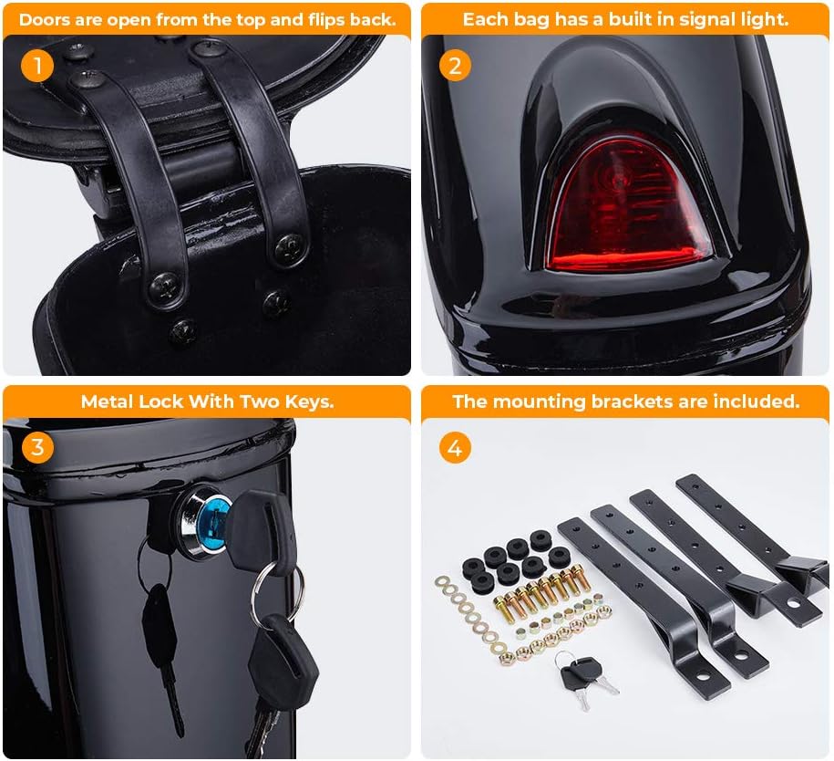 Black Motorcycle Hard Saddlebags with Turn Signal and Mounting Kits W781
