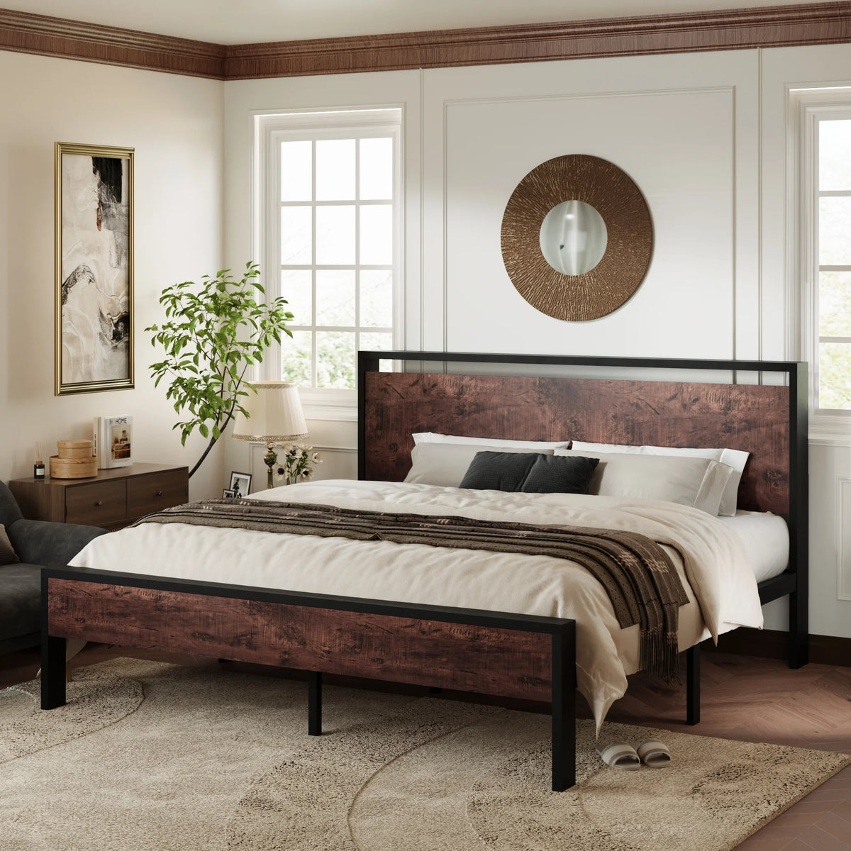 Walnut King Size Platform Bed Frame with Wood Headboard Z86209