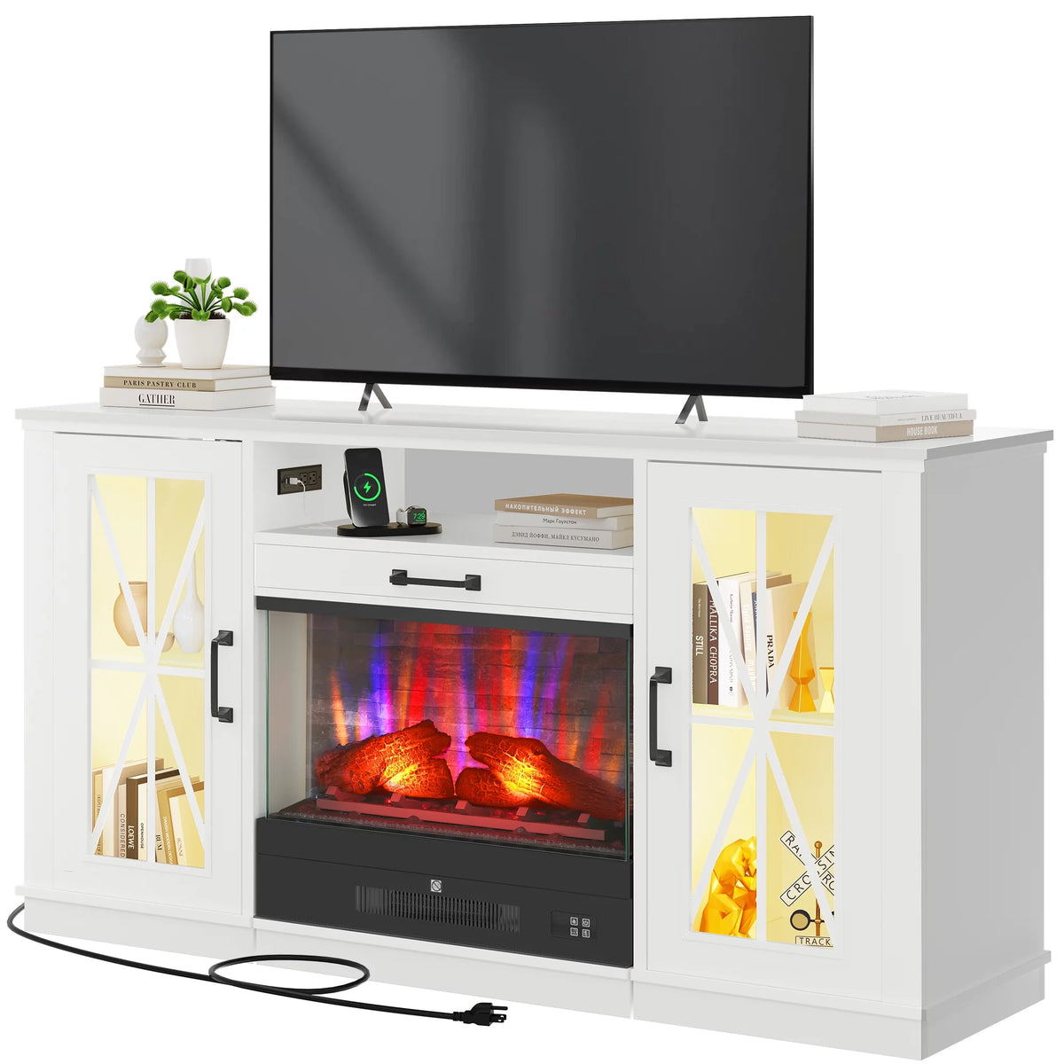 60 Inch White Entertainment Console with Slidable Fireplace and Storage Compartments D481363