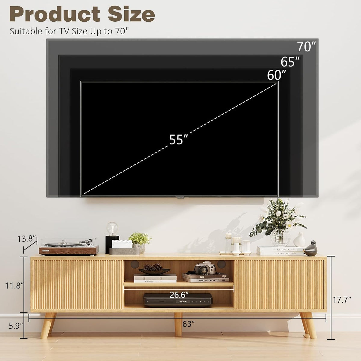 Natural Wood TV Stand with Fluted Sliding Doors W1890