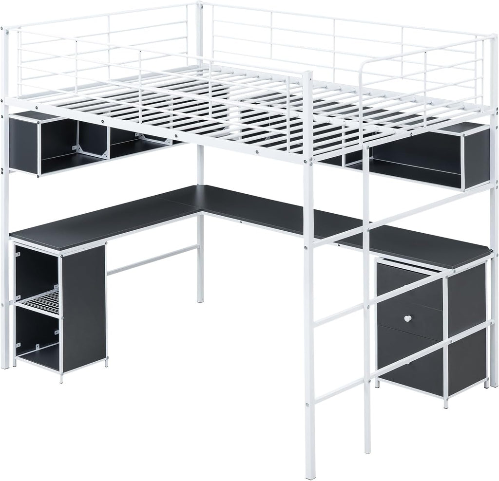 Full Size Metal Loft Bed with Bookcase and Desk E54133