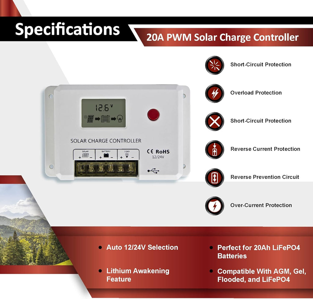 200W 12V Mono Rigid Solar Panel Kit with 20A PWM Charge Controller A513