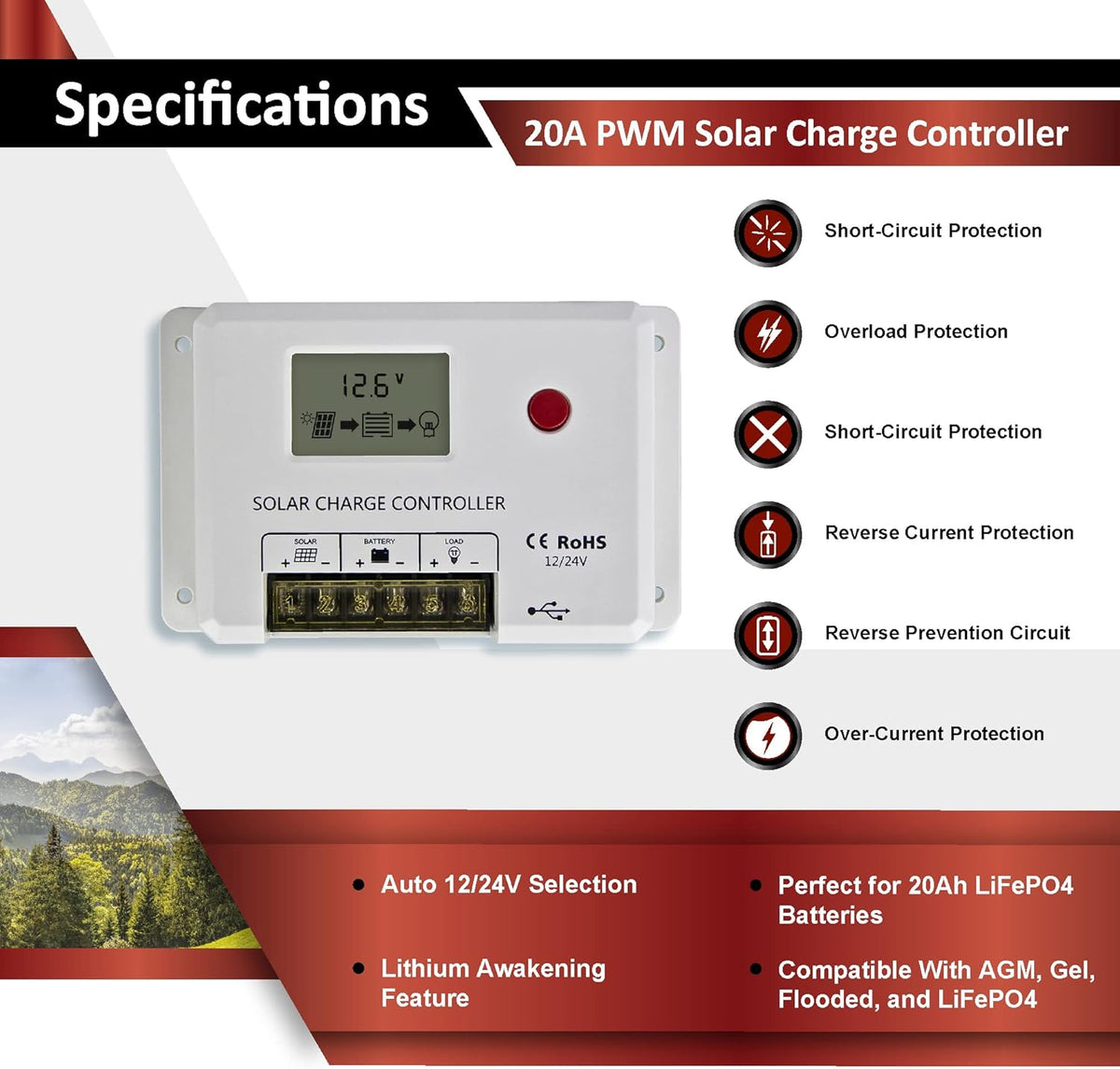 200W 12V Mono Rigid Solar Panel Kit with 20A PWM Charge Controller A513