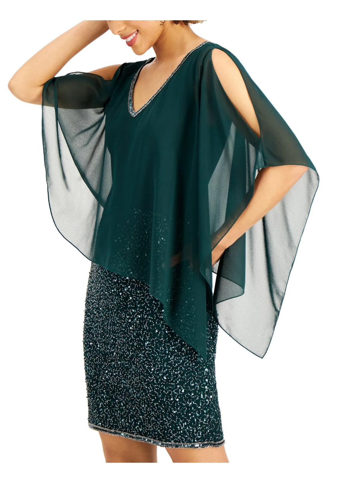 Green Sequined Beaded Asymmetrical Overlay 3/4 Sleeve V Neck Sheath Dress U81494