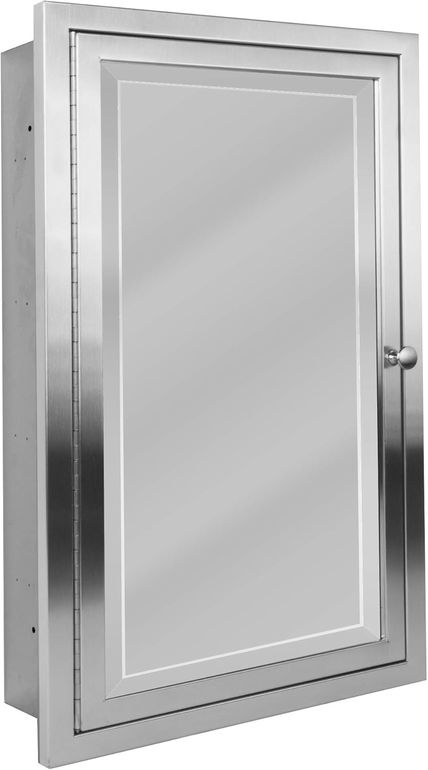 Brushed Nickel Recessed Medicine Cabinet Mirror with Beveled Edge and Adjustable Shelves 16"x26" N6126