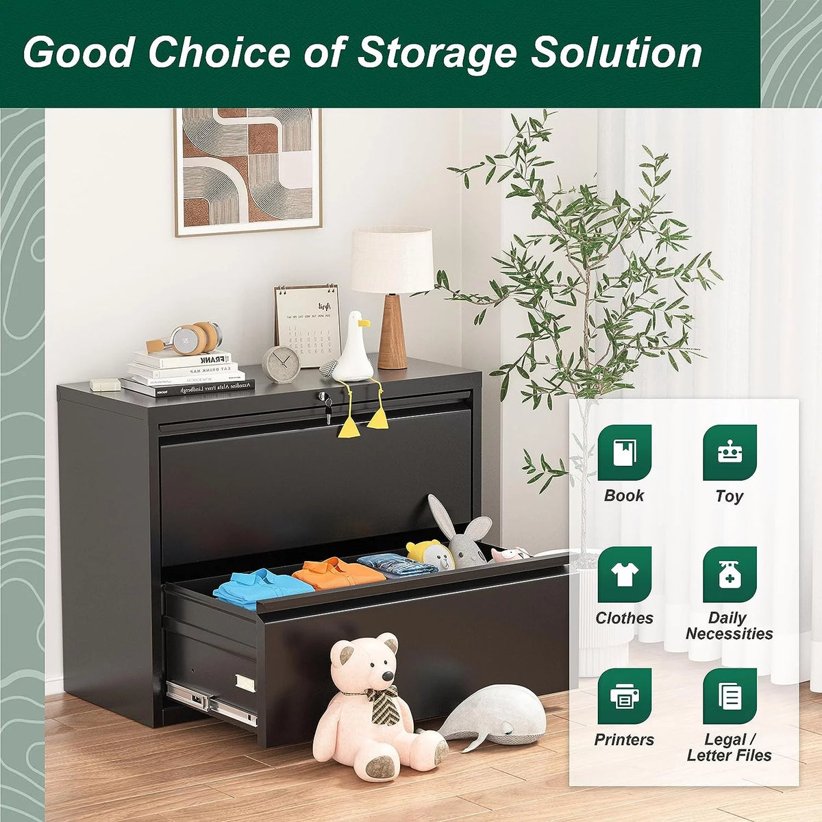 2 Drawer Metal File Cabinet with Lock, Black J222897