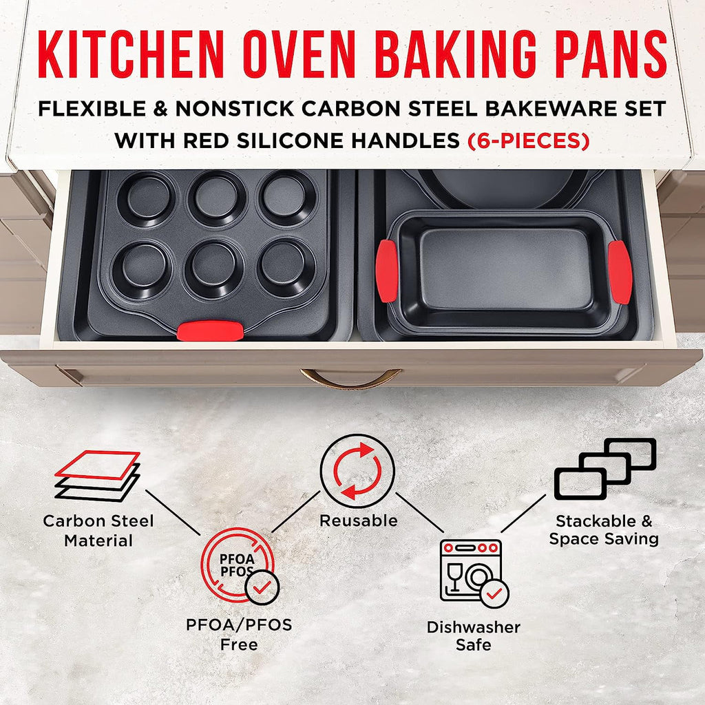6 Piece Non-Stick Carbon Steel Bakeware Set with Red Silicone Handles R3043
