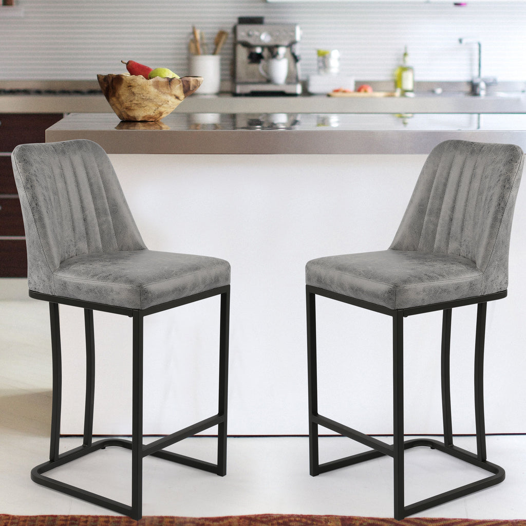 Gray PU Leather Bar Stool with Backrest, Set of 2 O40174