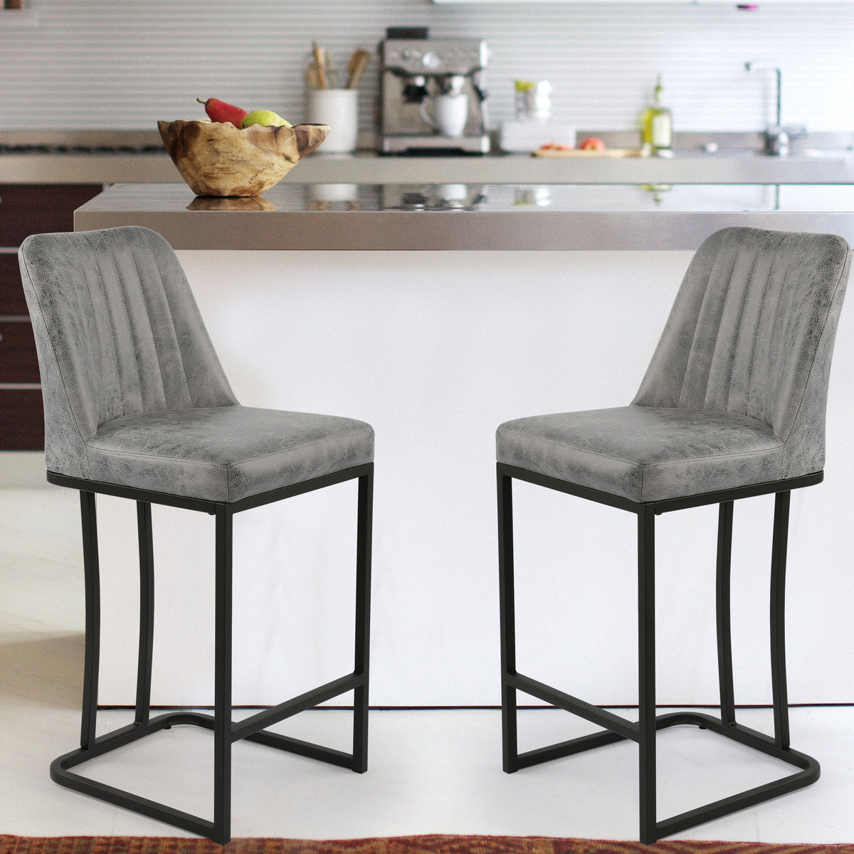 Gray PU Leather Bar Stool with Backrest, Set of 2 O40174