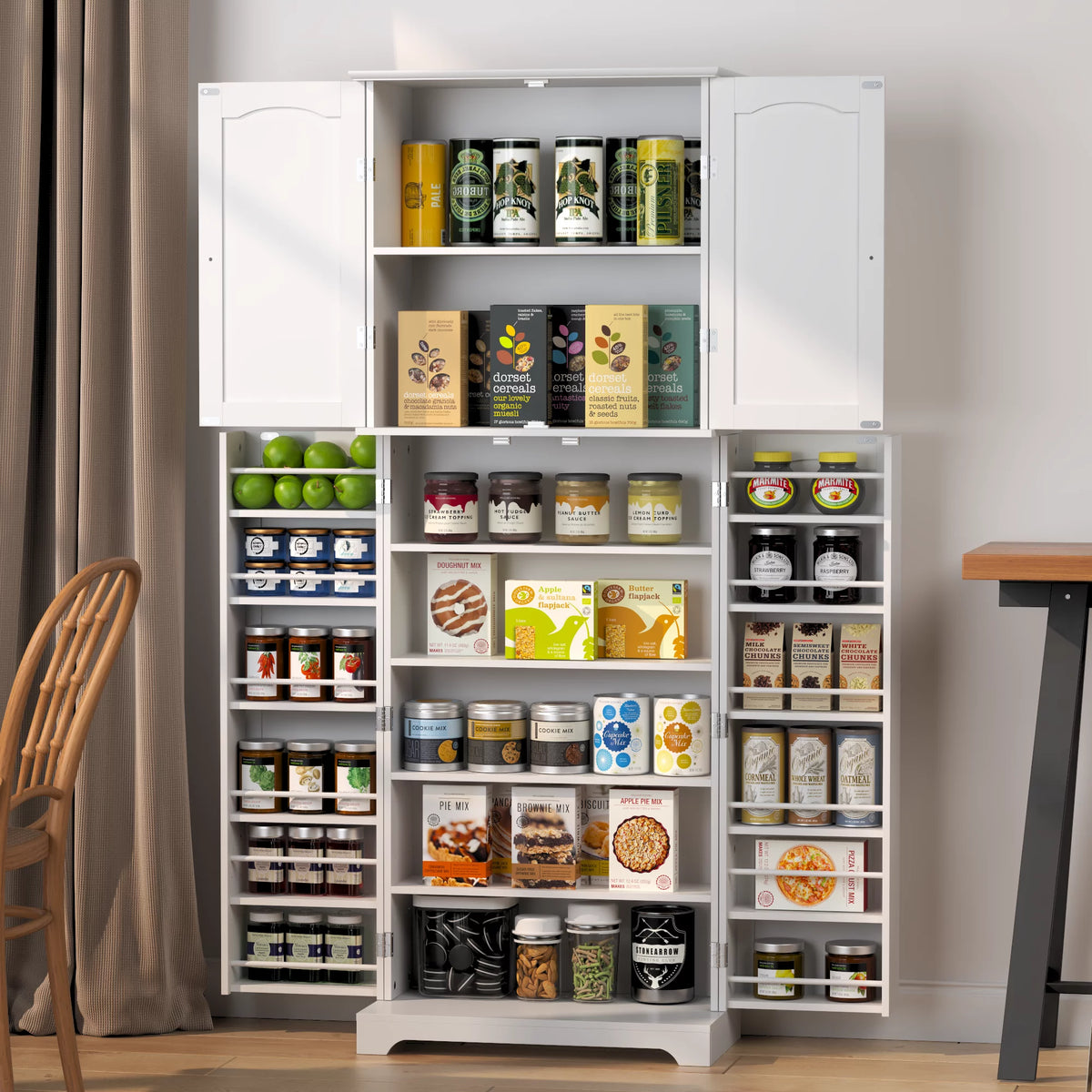 White Tall Kitchen Pantry Storage Cabinet with Doors and Shelves D406