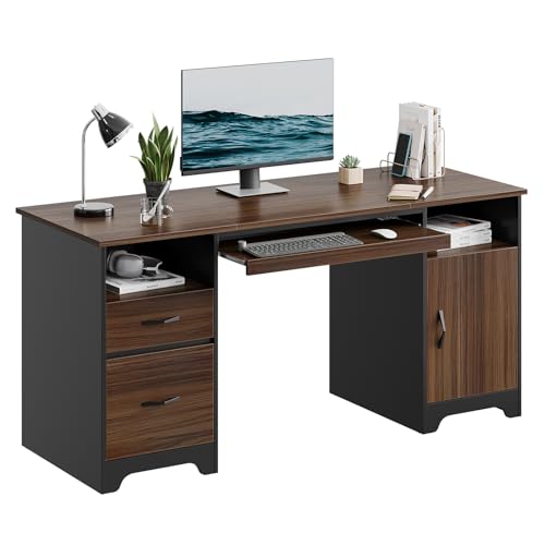 59" Executive Desk with 2 Drawers, Storage Cabinet, File Drawer, Keyboard Tray & 2 Pedestals, Cherry Q46581