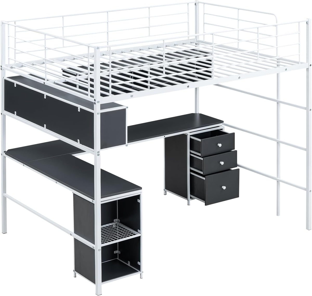 Full Size Metal Loft Bed with Bookcase and Desk E54133