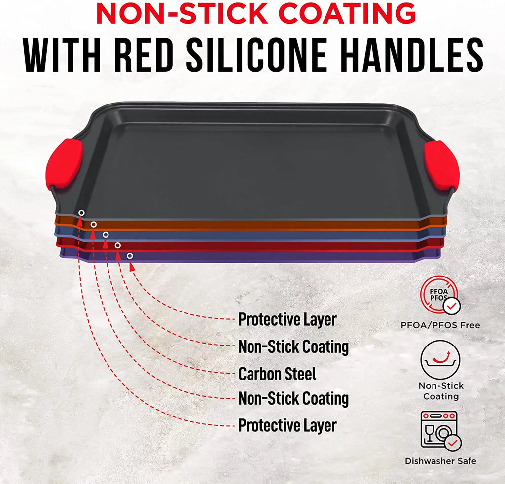 6 Piece Non-Stick Carbon Steel Bakeware Set with Red Silicone Handles R3043