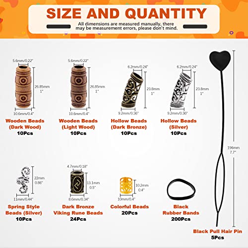 300Pcs Viking Rune Beads Hair Beard Beads Set including 5Pcs Black Pull Hairpin Quick Beader Hairpins and 200Pcs Black Rubber Bands with a Bag F55137
