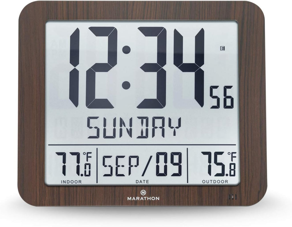 Graphite Grey Slim Atomic Wall Clock with Indoor/Outdoor Temperature and Full Calendar M9956
