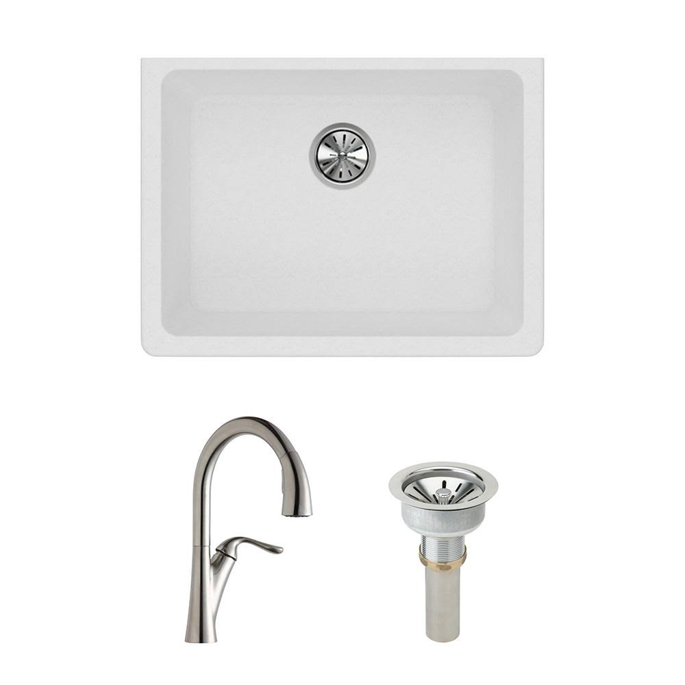 White Composite Single Bowl Kitchen Sink with Faucet and Drain R423293