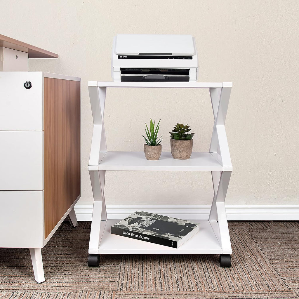 White 3 Tiers Printer Stand Cart with Storage Shelf on Wheels K517647