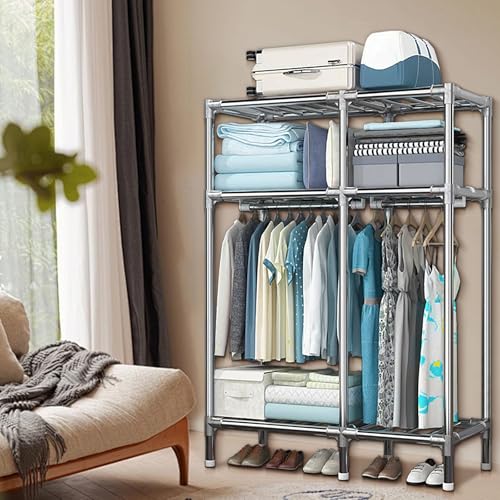 Metal Wardrobe Closet with 2 Hanging Rods, Storage Shelves (43.3 x 17.7 x 67 Inches) A972