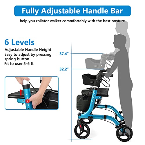 Champagne Lightweight Aluminium Folding Rollator Walker with Seat and 8-inch Wheels B642083