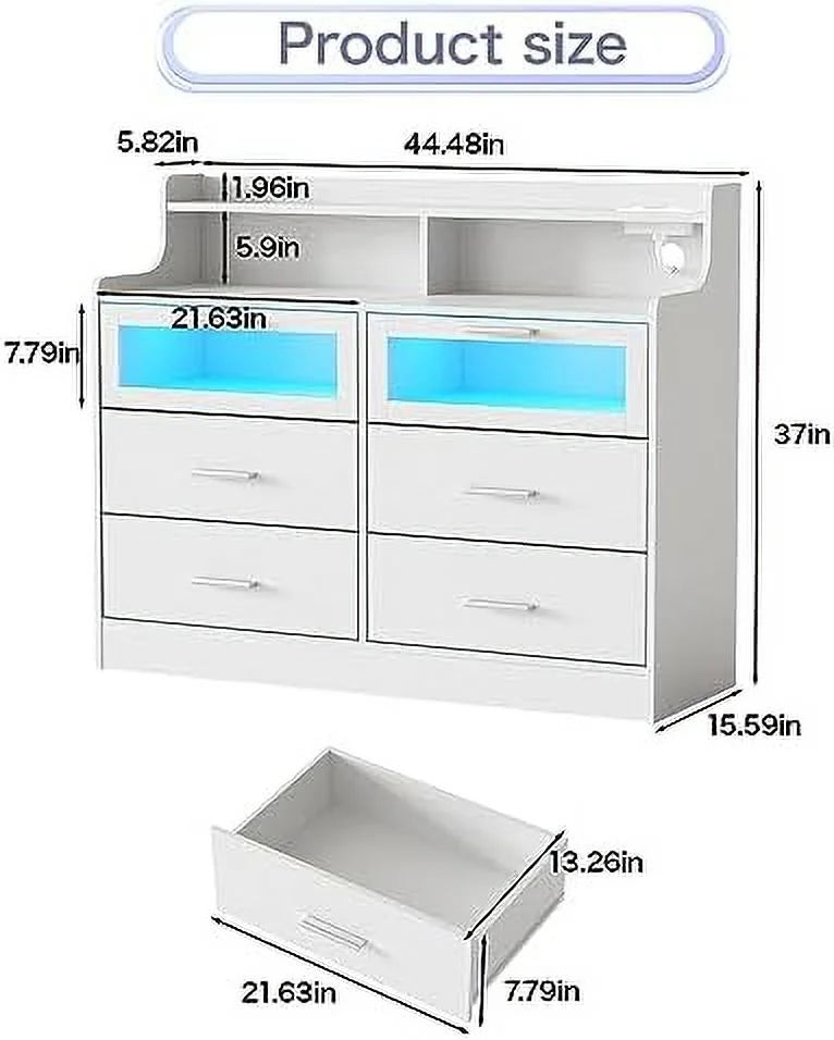 White 6 Drawer Wood Dresser with Charging Station F24670