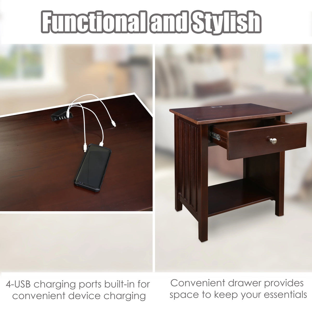 Espresso Wooden Nightstand with USB Ports and One Drawer I6892