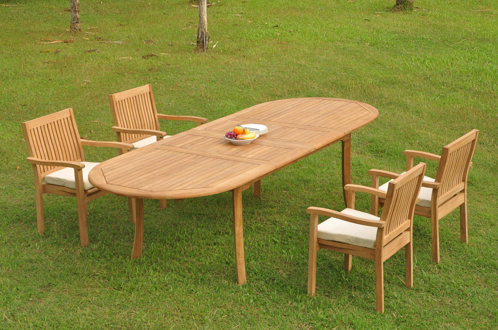 Grade-A Teak 5 Pc Dining Set with 118" Double Extension Oval Table and 4 Stacking Arm Chairs O961
