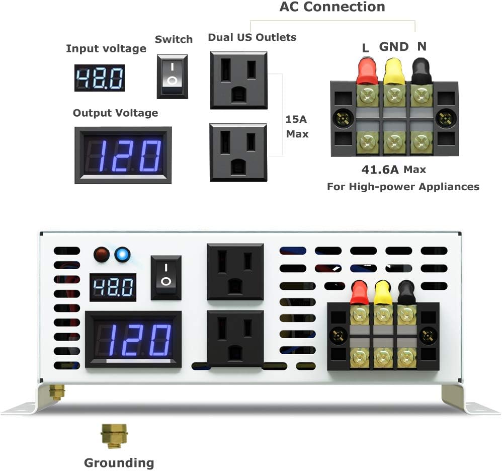 5000W Pure Sine Wave Power Inverter DC 48V to 110V 120V AC with Dual Outlets and Digital LED Display A775