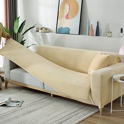 Beige 2 Seater Stretch Velvet Sofa Slipcover with Non Slip Elastic Straps N52885