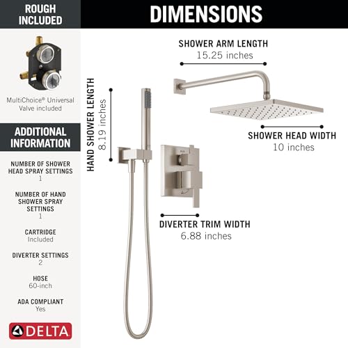 2-Setting Square Shower System with Rain Shower Head and Handheld Spray N7814